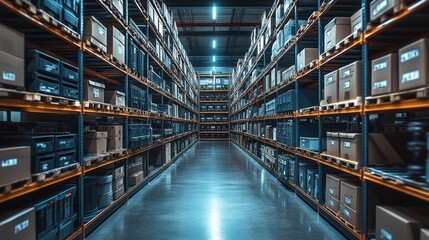 Fototapeta premium A spacious warehouse filled with organized storage boxes.
