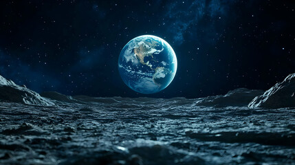 Earthrise from the Lunar Surface - 3D Illustration