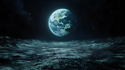 Earthrise Over Moon Landscape 3D Illustration