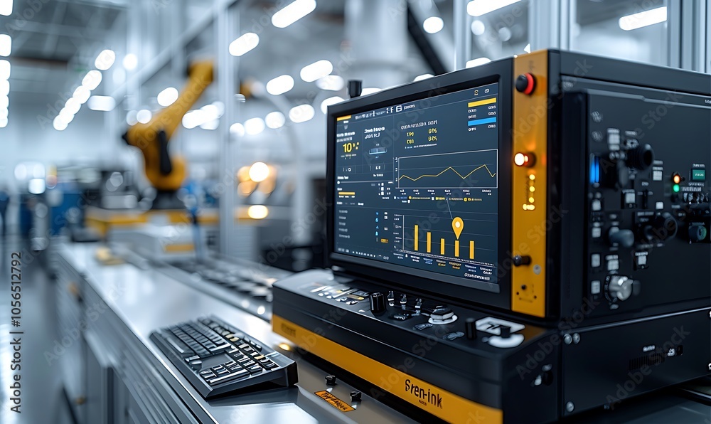 Poster high-tech manufacturing setup featuring a control panel with digital displays, alongside robotic equ
