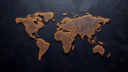 Global Connectivity, A World Map Formed by Circuitry on a Dark Background