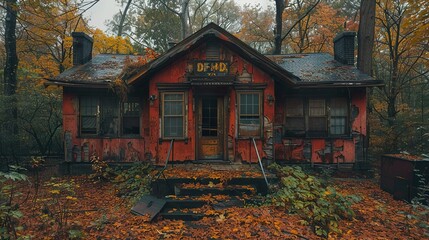 Abandoned Red House in the Woods - Autumn Scenery
