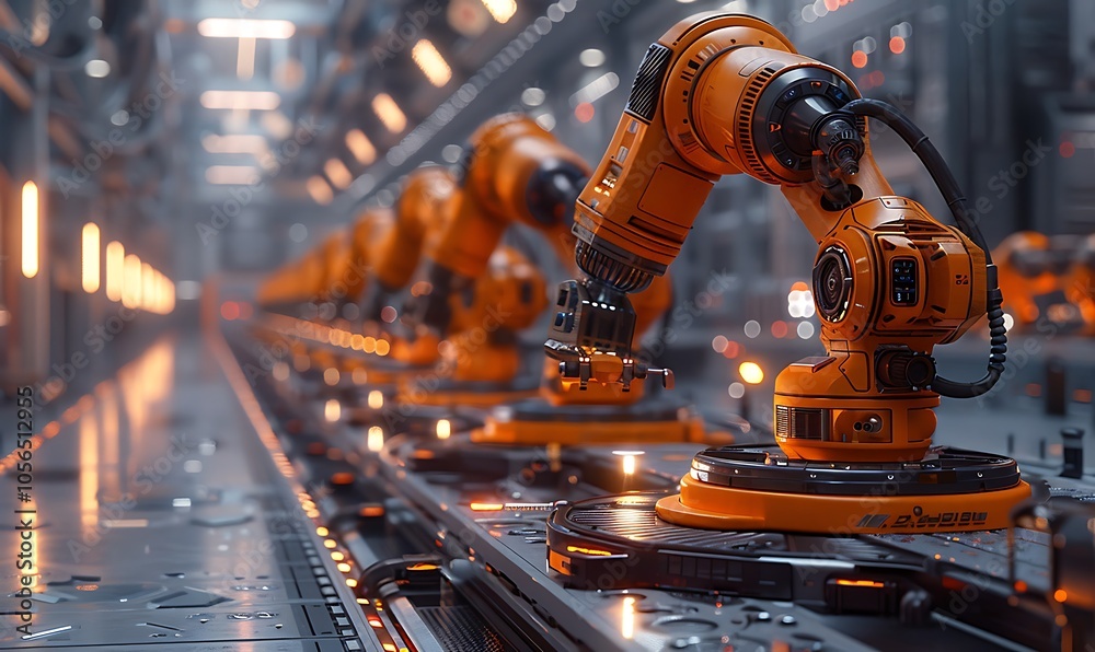 Poster A futuristic industrial scene featuring robotic arms engaged in automated tasks within a high-tech production facility.