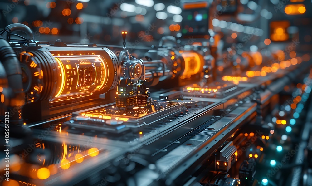 Aufkleber A futuristic, high-tech factory scene featuring glowing machinery and circuits, emphasizing advanced technology and innovation.