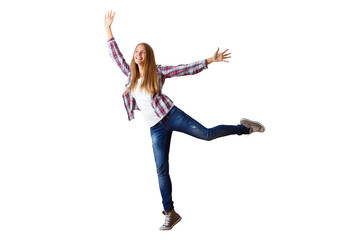 Obraz premium Woman in casual attire striking a playful pose, isolated on a white background, concept of happiness and freedom
