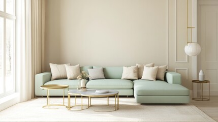 A modern minimalist living room with beige walls, a mint green sectional, and gold side tables