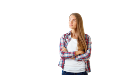 Woman in a plaid shirt and white top stands with arms crossed, isolated on a white background, conveying confidence and casual style