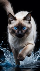 Fototapeta premium Beautiful Fluffy Siamese Cat with Striking Blue Eyes Running on Water Against a Black Background, Perfect for Animal Lovers and Cat Enthusiasts