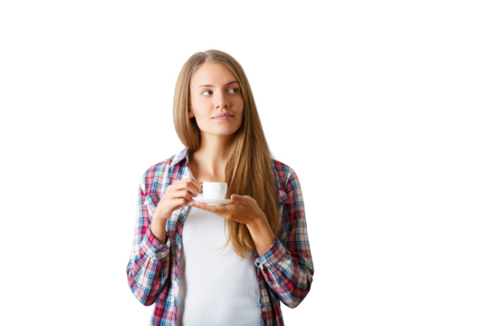 Woman in plaid shirt holding coffee cup, looking aside on white background. Concept of contemplation and relaxation