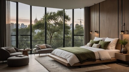 Serene Minimalist Bedroom with Panoramic City View and Wooden Accents

