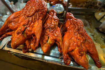 Delicious Roasted Ducks Hanging in a Traditional Asian Market Stall