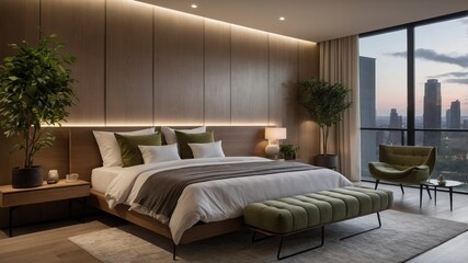 Modern Minimalist Bedroom with City Skyline View at Dusk