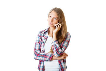 Woman in plaid shirt talking on phone, isolated on white background. Concept of communication and contemplation