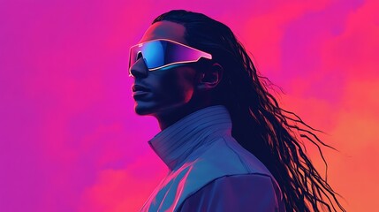 A futuristic man with long, flowing hair wearing sleek, reflective sunglasses stands confidently against a vibrant gradient background. His attire combines retro elements like a high-collared