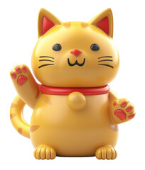 Naklejka premium A yellow cat with a red collar is waving. The cat is sitting on a white background. The cat is smiling and he is happy