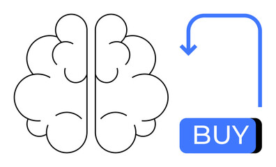 Brain outline paired with arrow pointing to a BUY button, symbolizing decision-making and consumer behavior. Ideal for marketing psychology, e-commerce, cognitive science, consumer decision-making