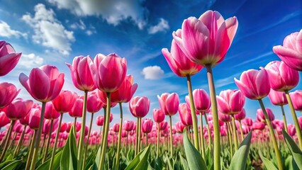 Fototapeta premium A field of pink tulips swaying gently in the breeze with a blue sky background, vibrant colors, landscape