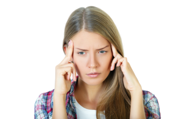 Woman holding her temples, expressing discomfort on a white background. Concept of headache and stress. Close-up photography