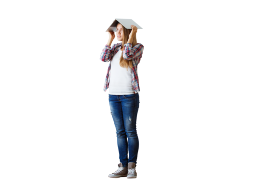 Woman holding a book over her head, wearing casual clothes, isolated on white background. Concept of knowledge and protection