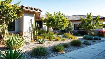 A front yard with a variety of drought-tolerant plants in full bloom, set against a backdrop of a modern residential house and a clear blue sky, blue sky, xeriscaping