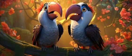 Charming Hornbills in Vibrant Floral Setting