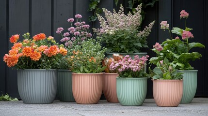 Obraz premium Colorful Flower Pots with Vibrant Plants in Garden Setting