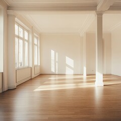 Sunlit empty room with large windows, wooden flooring, and white walls, ideal for real estate, interior design, or architectural projects.