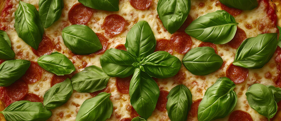 Fototapeta premium Closeup of Pepperoni Pizza with Basil.