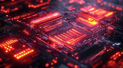 Obraz premium Abstract representation of a glowing circuit board with red lights.