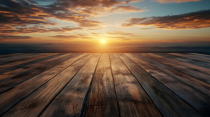 Obraz premium Rustic Wooden Plank Background with Sunset and Mountains
