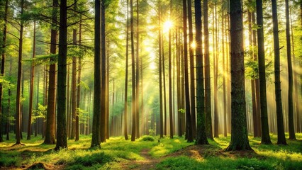 Fototapeta premium A gentle breeze rustles the leaves of tall trees in a forest, peaceful, trees, nature, scenery, leaves