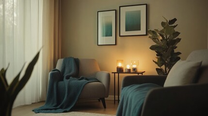 A modern living room with beige walls, dark gray accent chairs, and teal blue throw blankets