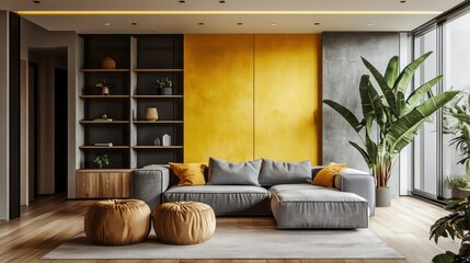 A modern space featuring light gray walls with subtle texture, a modular gray sofa, and a bright yellow accent wall behind open shelving
