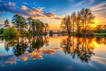 Obraz premium A glassy still pond at sunset with trees reflected in the water's surface, still pond, reflection