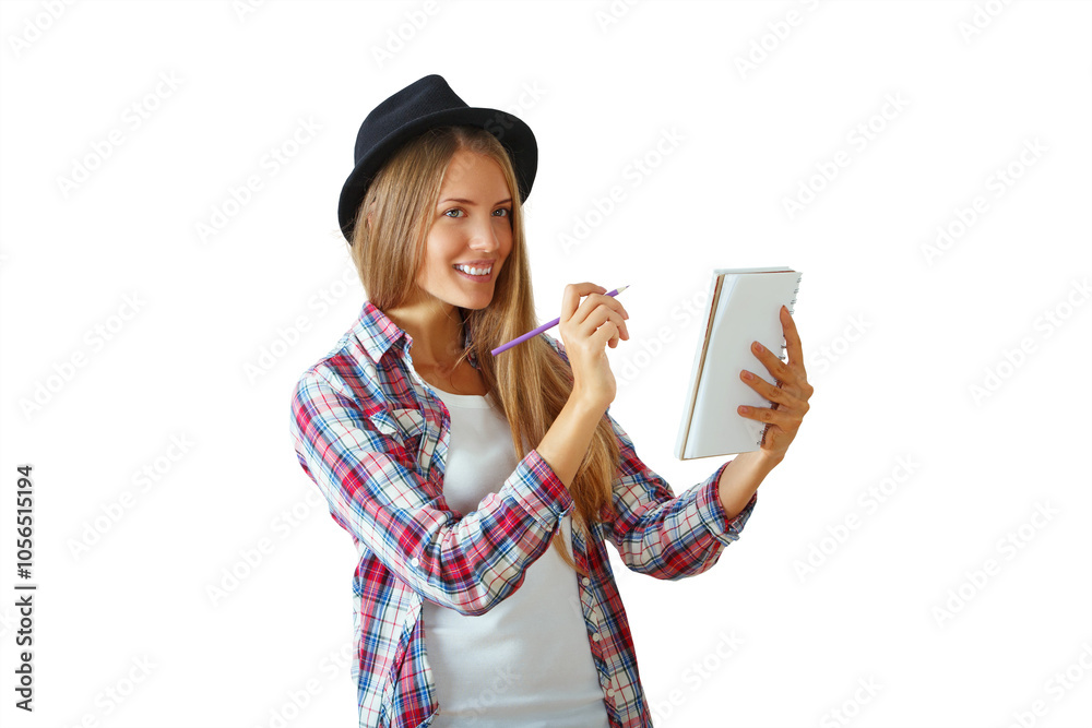 Wall mural Smiling woman in plaid shirt and hat holds a notebook and pen. Isolated on white background. Concept of creativity and planning