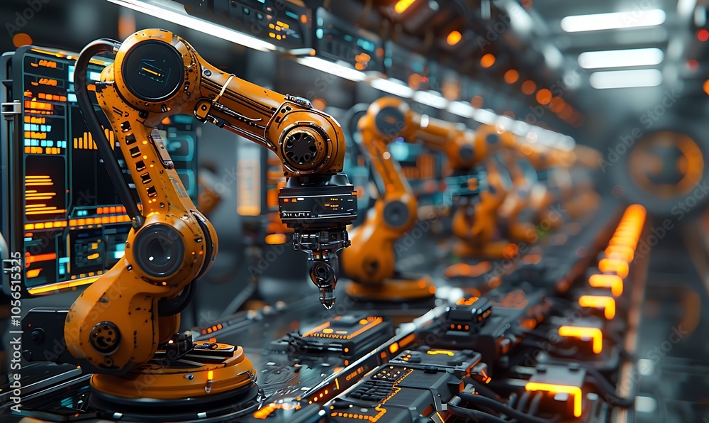 Aufkleber a futuristic manufacturing environment featuring robotic arms working on an assembly line with high-