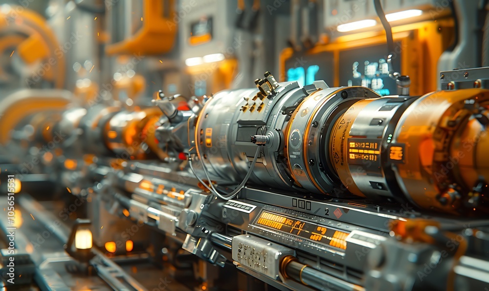 Poster a futuristic, intricate display of machinery featuring sleek cylinders and glowing elements, showcas
