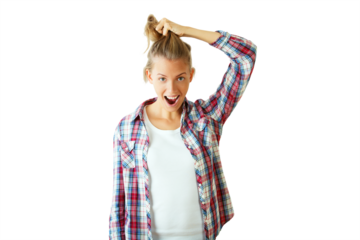 Young woman in a plaid shirt pulling her hair with an expression of surprise, isolated on a white background, concept of astonishment
