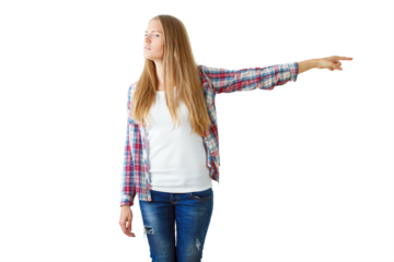 Woman in casual attire pointing to the right, isolated on white background. Concept of direction, decision, or guidance