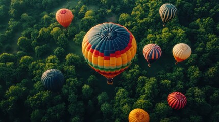 Fototapeta premium Colorful Hot Air Balloons Soaring Over Lush Green Forests in a Serene Morning Landscape