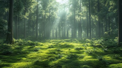 Obraz premium Serene forest landscape with sunlight filtering through trees.