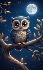 Obraz premium A small, cute owl with big eyes on a moonlit branch under a starry dark blue background, perfect for a magical night-themed wallpaper.