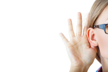 Woman with glasses holds hand to ear, listening intently. Isolated on a white background. Concept of active listening
