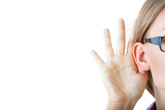 Woman with glasses holds hand to ear, listening intently. Isolated on a white background. Concept of active listening - Powered by Adobe