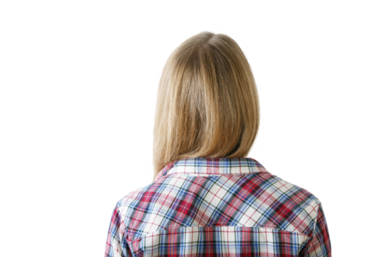 Person with blonde hair in plaid shirt, shown from behind on a white background. Concept of anonymity and casual style