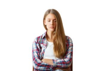 Young woman with long hair in a plaid shirt, arms crossed, isolated on white background. Concept of contemplation or dissatisfaction