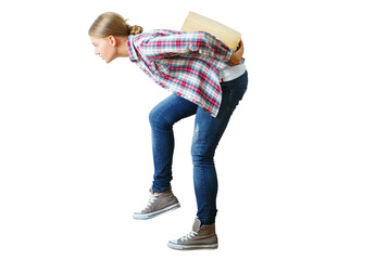 Woman in plaid shirt lifting a heavy box, isolated on a white background. Concept of effort and...