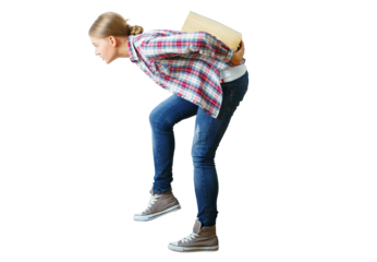 Woman in plaid shirt lifting a heavy box, isolated on a white background. Concept of effort and physical strain
