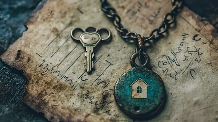 Exploring the intricacies of home security a vintage key and house pendant on antique paper symbolizing safety and protection