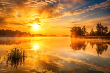 Obraz premium A luxurious golden sunset over a serene and peaceful lake on a misty morning, natural scenery, sunrise, peaceful atmosphere, serene lake, golden hour